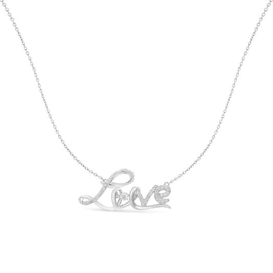 Collar con colgante de plata de ley 925 con la palabra "Love" en cursiva, 1/4 qt de diamante, 45,7 cm (color H-I, claridad I1-I2)