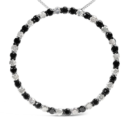 Collar con colgante de aro abierto de plata de ley .925 con diamantes blancos y negros alternados de 3.0 quilates (color H-I, claridad I3) - 18 pulgadas