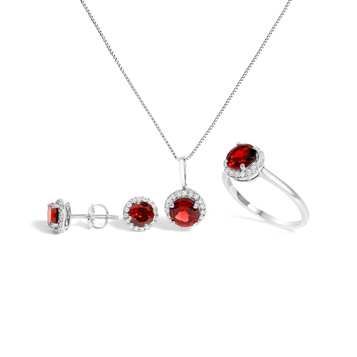 Juego de Joyas de Oro Blanco de 10K con Amatista Morada y Diamantes de 3/8 Cttw en Halo (Pendientes, Colgante y Anillo)