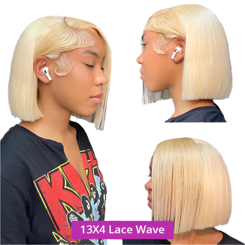613 Blonde Bob Lace Front Wig - Brazilian Remy Human Hair, HD Transparent Lace, Pre-Plucked, Brown Roots