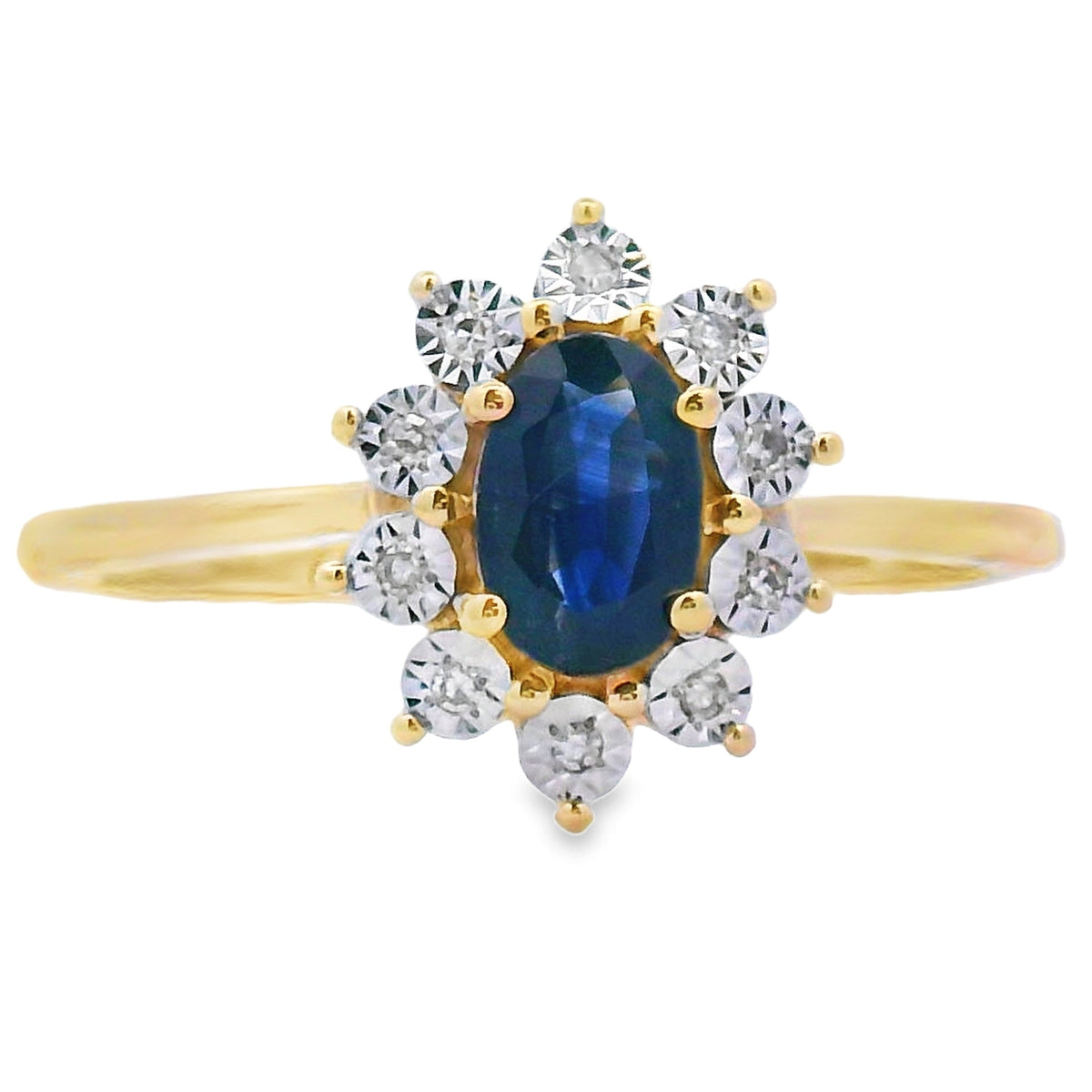 Anillo de zafiro y diamante de .63 ct, oro amarillo de 10 kt