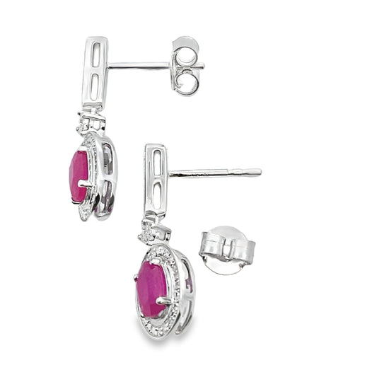 Pendientes colgantes de rubí y diamantes de 1,40 ct en oro blanco de 10 kt