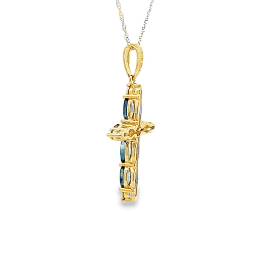 Colgante religioso de zafiro en cruz, oro amarillo de 10 quilates