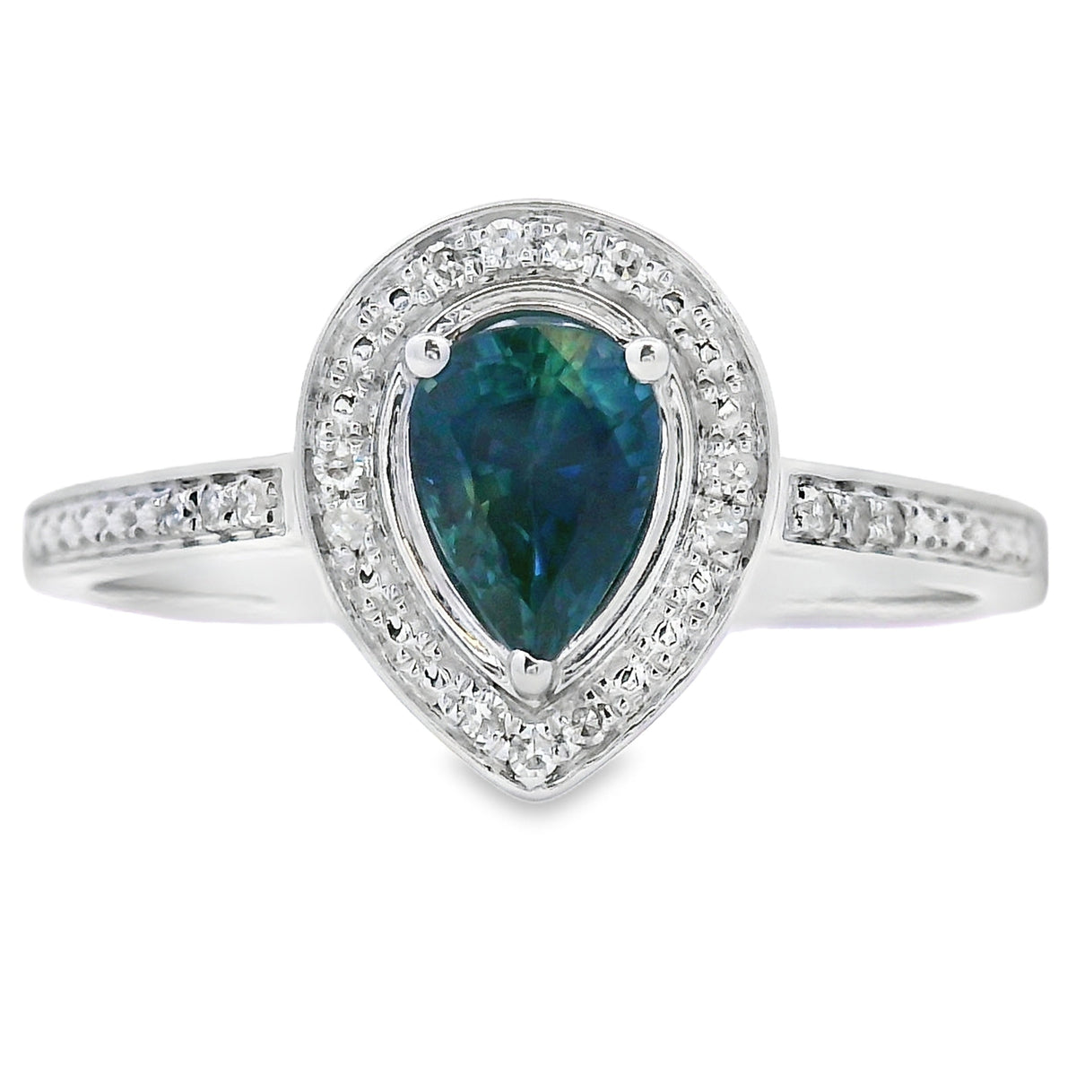 Anillo de zafiro y diamante de .54 ct de oro blanco de 10 kt