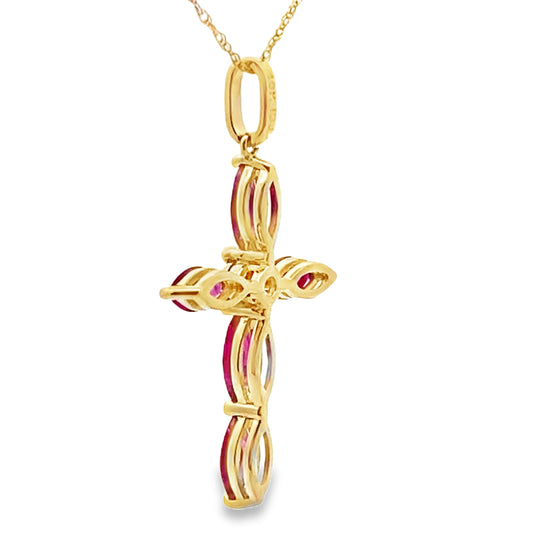 Colgante religioso de cruz con rubí y diamante en oro amarillo de 10 quilates