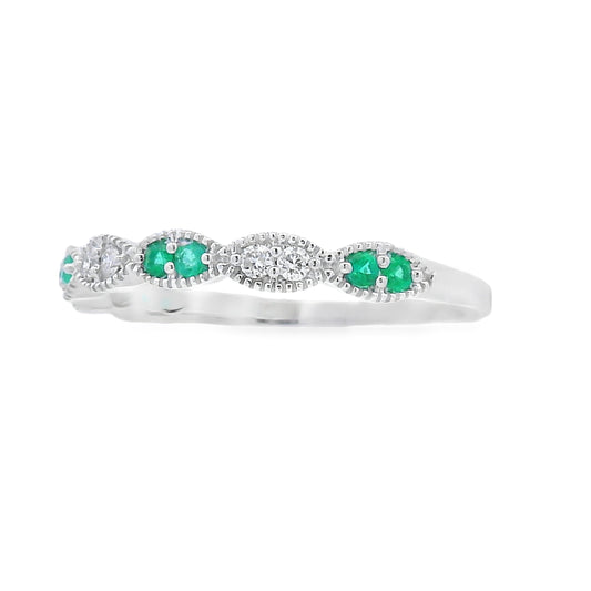 Juego de anillos apilables de oro blanco de 14K con esmeraldas y diamantes