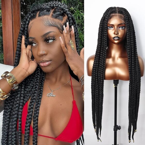 36" Knotless Square Box Braids Wig | Full Lace Frontal | Baby Hair | Afro Women Luxegan