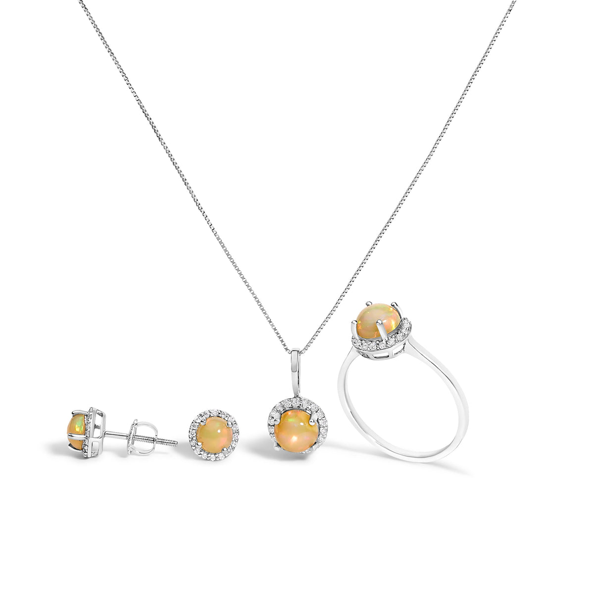 Juego de Joyas de Oro Blanco de 10K con Amatista Morada y Diamantes de 3/8 Cttw en Halo (Pendientes, Colgante y Anillo)