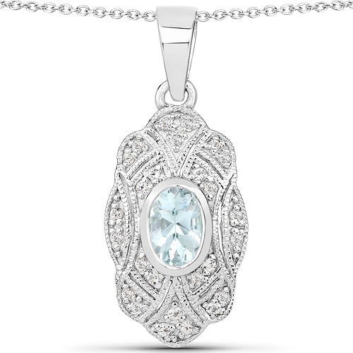 0.48 Carat Genuine Aquamarine and White Topaz .925 Sterling Silver Pendant