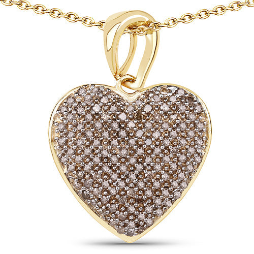 Colgante con forma de corazón de plata de ley .925 con baño de oro amarillo de 14 quilates y diamante champán auténtico de 0,68 quilates