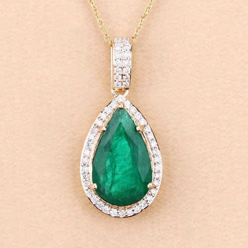Colgante de oro amarillo de 14 quilates con esmeralda zambiana auténtica de 3,22 quilates y diamante blanco, con certificado IGI
