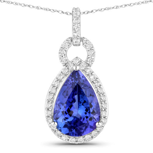 3.49 Carat Genuine Tanzanite and White Diamond 14K White Gold Pendant