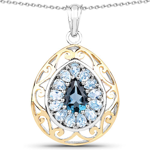 Colgante de plata de ley 925 chapado en oro amarillo de 18 quilates con topacio azul de Londres genuino de 4,44 quilates y topacio azul