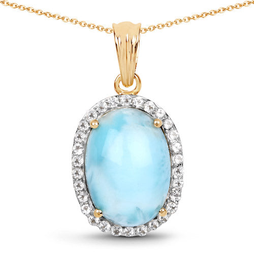 Colgante de plata esterlina .925 con larimar genuino de 13.55 quilates y topacio blanco, bañado en oro amarillo de 14K