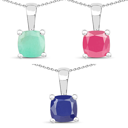 3.00 Carat Genuine Emerald, Glass Filled Ruby & Glass Filled Sapphire .925 Sterling Silver Pendant