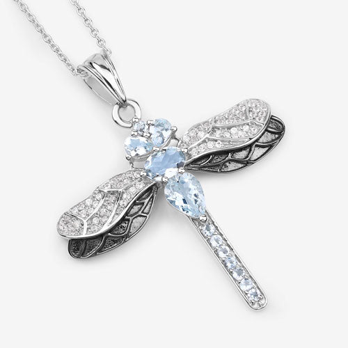 1.86 Carat Genuine Aquamarine and White Zircon .925 Sterling Silver Pendant