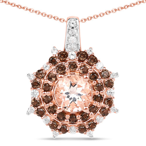 Colgante de plata de ley 925 chapado en oro rosa de 18 quilates con morganita auténtica de 1,61 quilates, cuarzo ahumado y circonita blanca