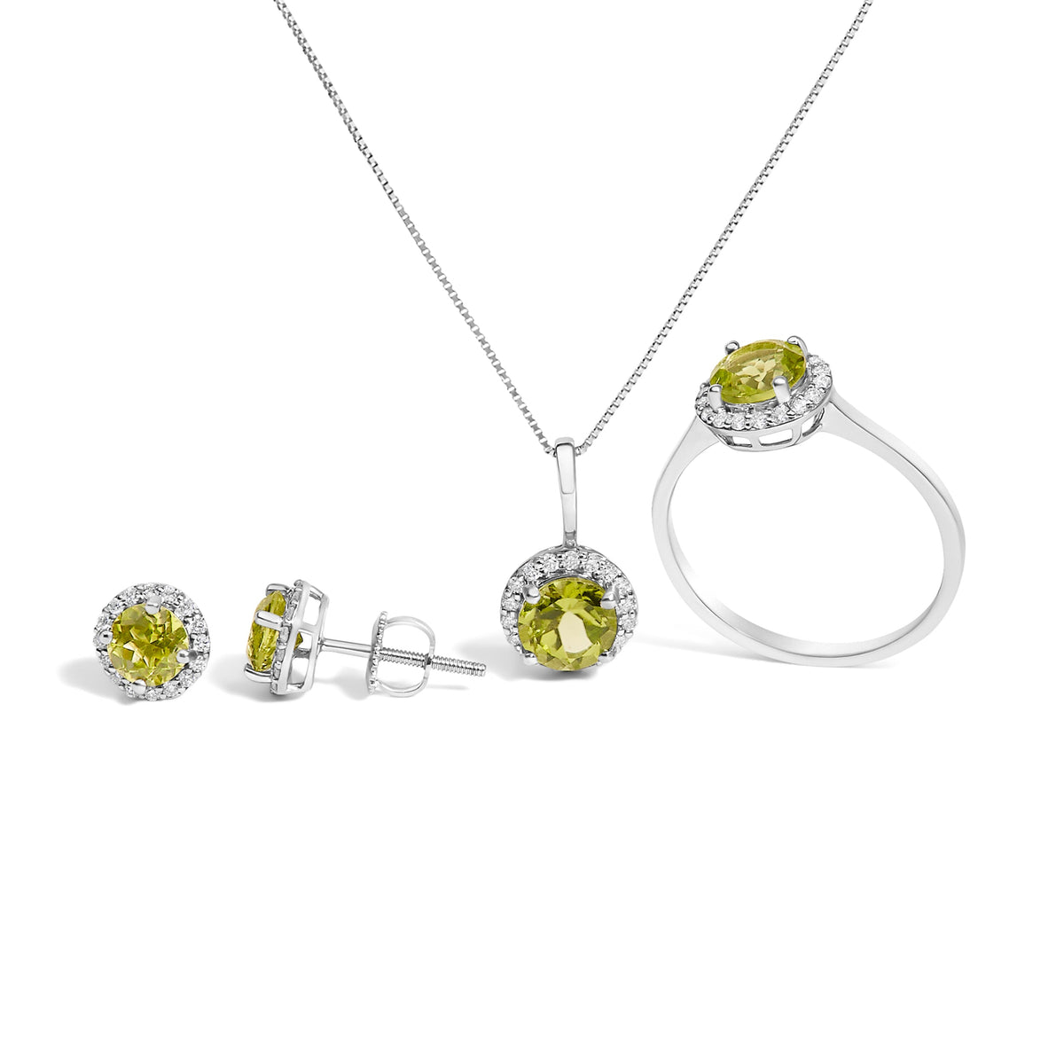 Juego de Joyas de Oro Blanco de 10K con Amatista Morada y Diamantes de 3/8 Cttw en Halo (Pendientes, Colgante y Anillo)