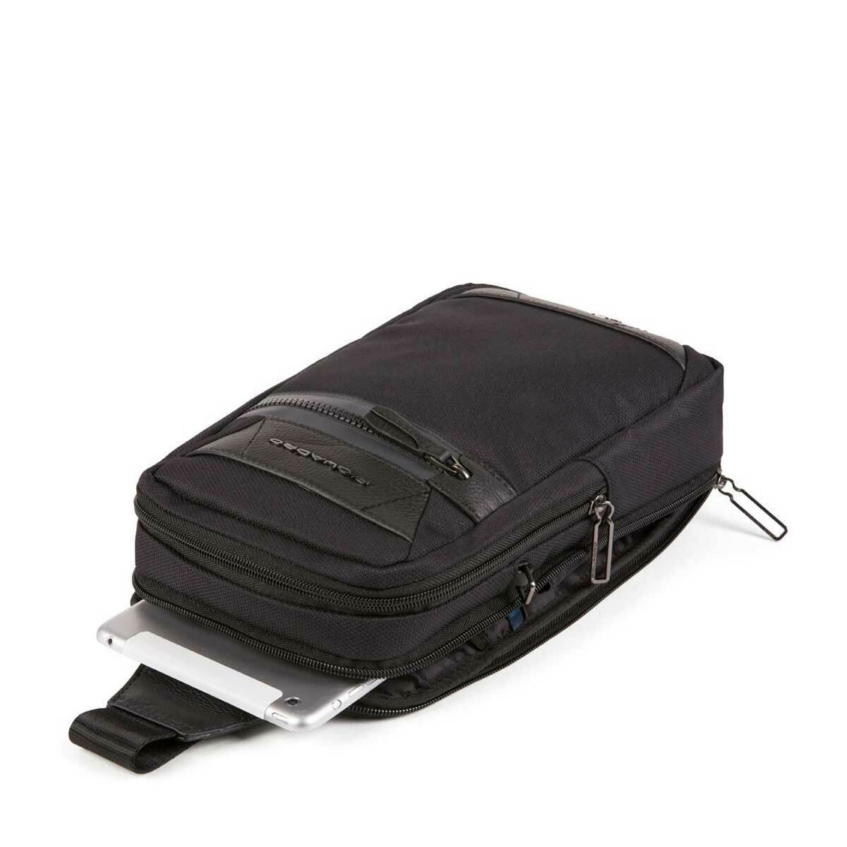 Piquadro, Trakai, Leather & Fabric, Mono Sling, Textile Crossbody Bag, Black, 42021990, 31 x 18 x 7 cm, For Men