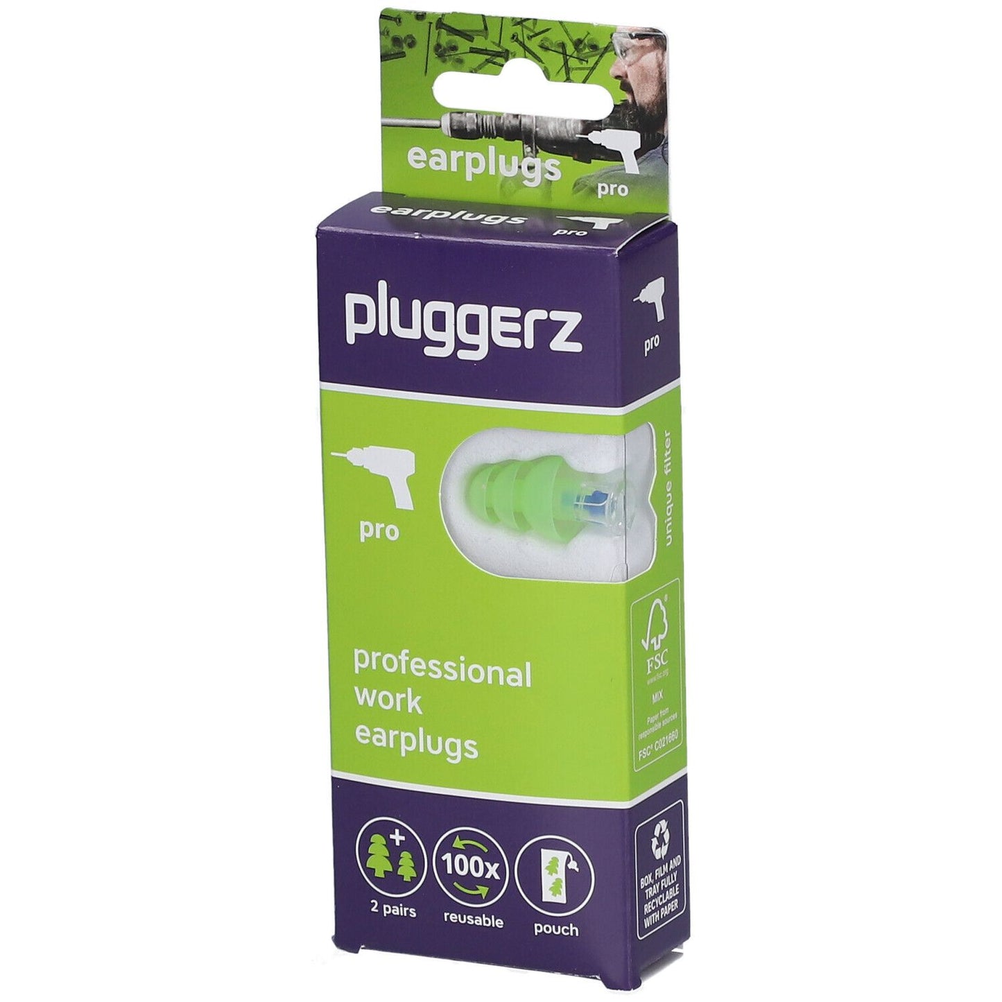 Pluggerz, Pro, Earplugs, Green, 4 pcs