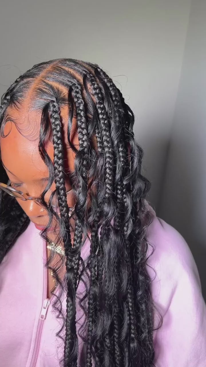 32" Box Braided Wig with Boho Curls - Knotless Braids, Cornrow Style, Lace Front Wig for Black Women (Natural Black)