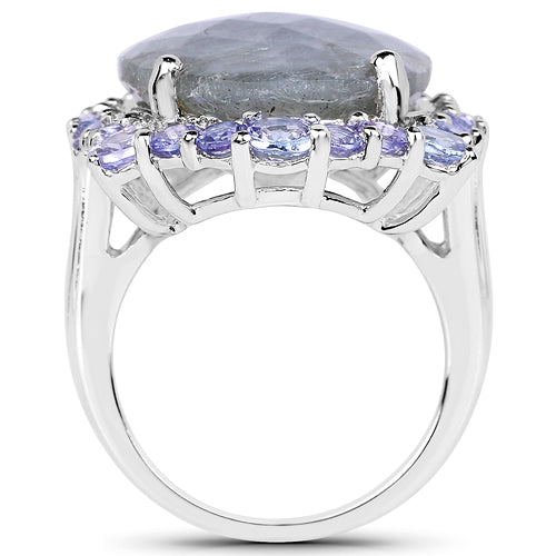Anillo de plata de ley .925 con labradorita y tanzanita auténticas de 13.99 quilates