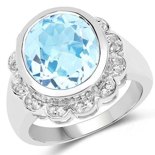 Anillo de plata de ley .925 con topacio azul genuino y topacio blanco de 5.39 quilates