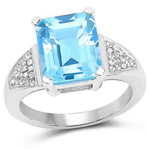 Anillo de plata de ley .925 con topacio azul suizo auténtico de 5,75 quilates y topacio blanco