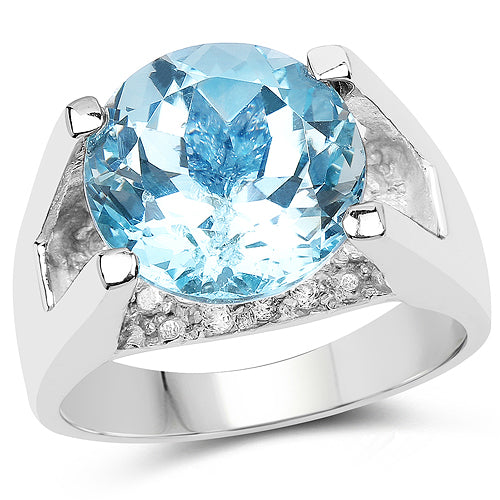 Anillo de plata de ley .925 con topacio azul auténtico de 7.21 quilates y circonitas cúbicas blancas
