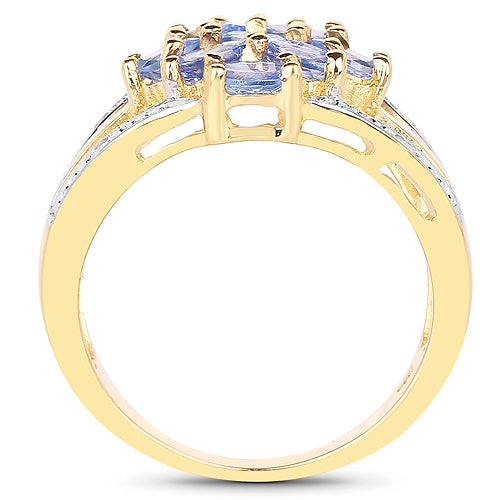Anillo de plata de ley 925 chapado en oro amarillo de 14 quilates con tanzanita auténtica de 1,59 quilates y topacio blanco