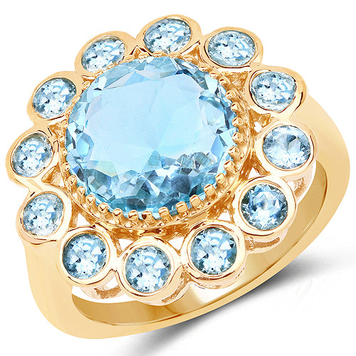 Anillo de plata de ley 925 chapado en oro amarillo de 14 quilates con topacio azul genuino de 6,59 quilates