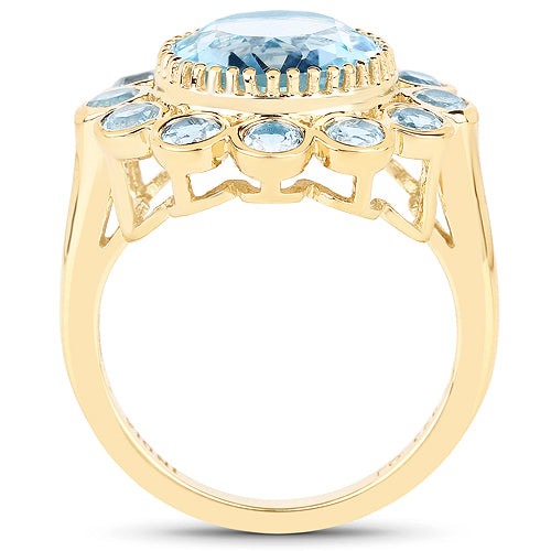 Anillo de plata de ley 925 chapado en oro amarillo de 14 quilates con topacio azul genuino de 6,59 quilates