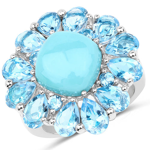 Anillo de Plata de Ley .925 con Turquesa Genuina de 9.50 Quilates y Topacio Suizo Azul