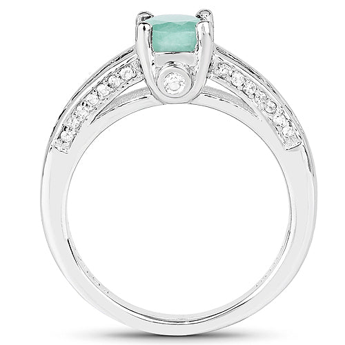 Anillo de Plata de ley .925 con Esmeralda Genuina y Topacio Blanco de 1.22 Quilates
