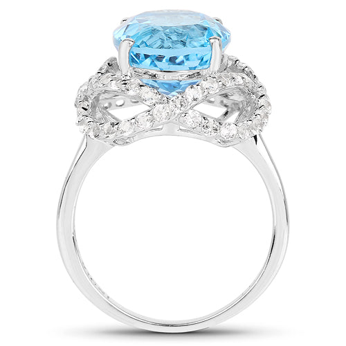 7.32 Carat Genuine Swiss Blue Topaz & White Topaz .925 Sterling Silver Ring