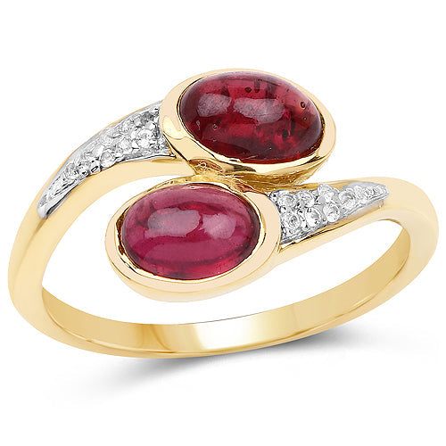 Anillo de plata de ley .925 con rubí de 2,38 quilates relleno de vidrio y topacio blanco, chapado en oro amarillo de 14 quilates
