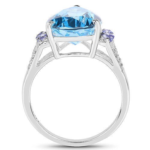 Anillo de plata de ley .925 con topacio azul suizo, tanzanita y topacio blanco genuinos de 6.86 quilates
