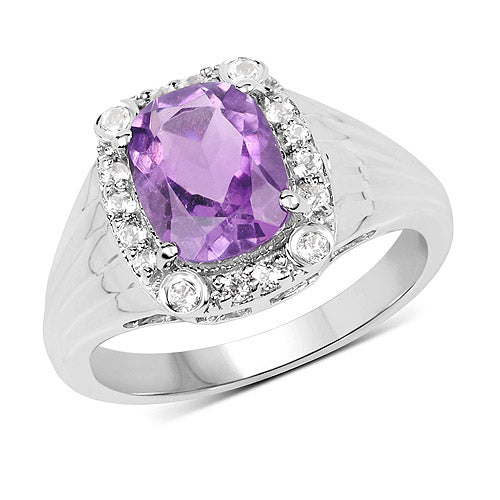 2.13 Carat Genuine Amethyst and White Topaz .925 Sterling Silver Ring
