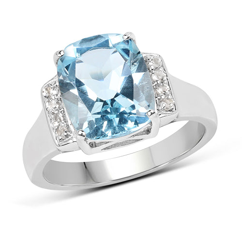 4.28 Carat Genuine Blue Topaz and White Topaz .925 Sterling Silver Ring