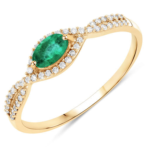 Anillo de oro amarillo de 14 quilates con esmeralda zambiana auténtica de 0,32 quilates y diamante blanco