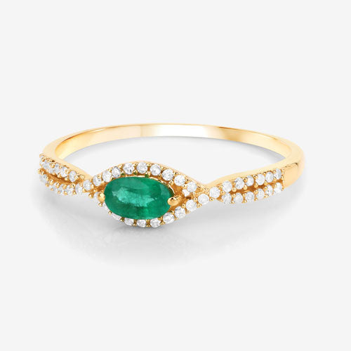 Anillo de oro amarillo de 14 quilates con esmeralda zambiana auténtica de 0,32 quilates y diamante blanco