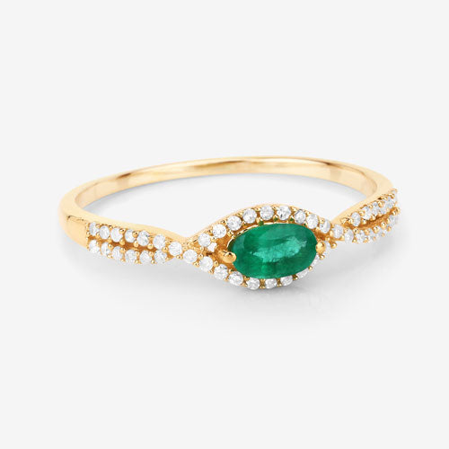 Anillo de oro amarillo de 14 quilates con esmeralda zambiana auténtica de 0,32 quilates y diamante blanco