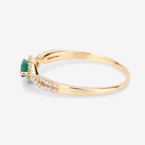 Anillo de oro amarillo de 14 quilates con esmeralda zambiana auténtica de 0,32 quilates y diamante blanco