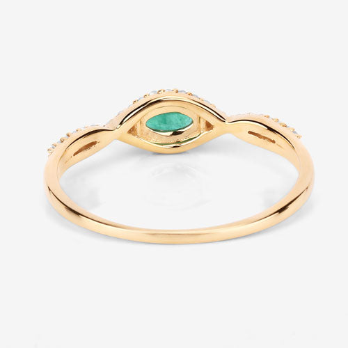 Anillo de oro amarillo de 14 quilates con esmeralda zambiana auténtica de 0,32 quilates y diamante blanco