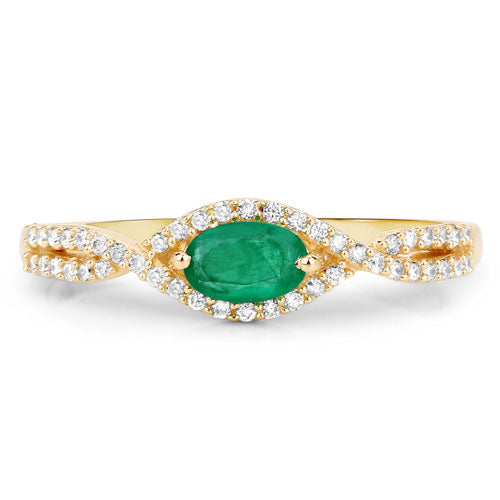 Anillo de oro amarillo de 14 quilates con esmeralda zambiana auténtica de 0,32 quilates y diamante blanco