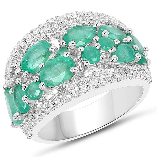 3.27 Carat Genuine Emerald and White Zircon .925 Sterling Silver Ring