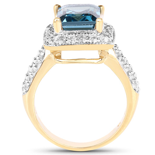 Anillo de plata de ley .925 con topacio azul de Londres genuino de 5,03 quilates y topacio blanco, chapado en oro amarillo de 14 quilates
