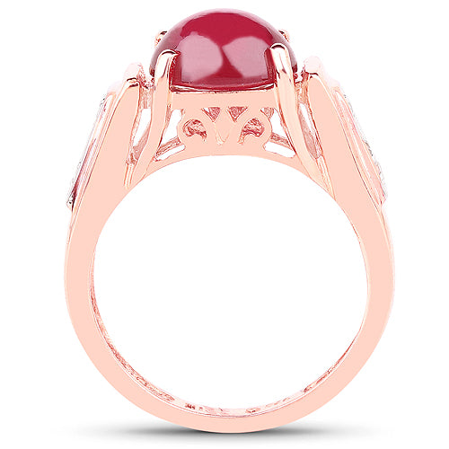 Anillo de plata de ley .925 chapado en oro rosa de 14 quilates con rubí genuino relleno de vidrio de 4,71 quilates y topacio blanco