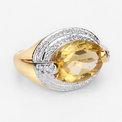 Anillo de Plata de ley .925 con Citrino Genuino de 4.56 Quilates y Diamante Blanco