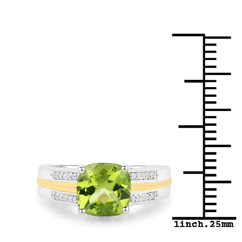 Anillo de oro amarillo de 14 quilates con peridoto auténtico de 2,20 quilates y diamantes blancos, con plata de ley .925